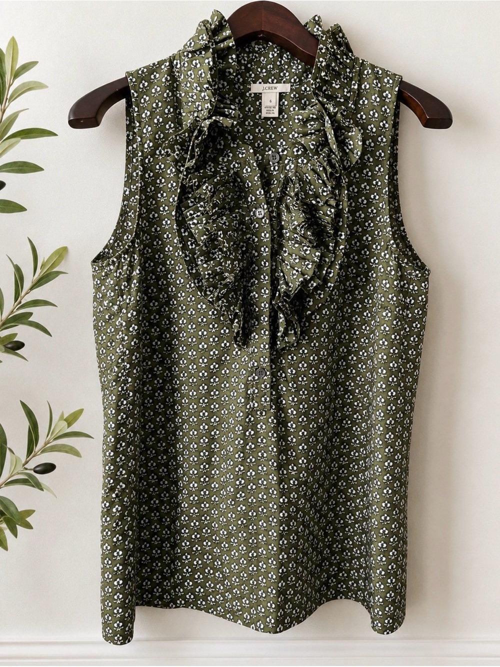 J. Crew Olive Green Ruffle-Front Sleeveless Camisole